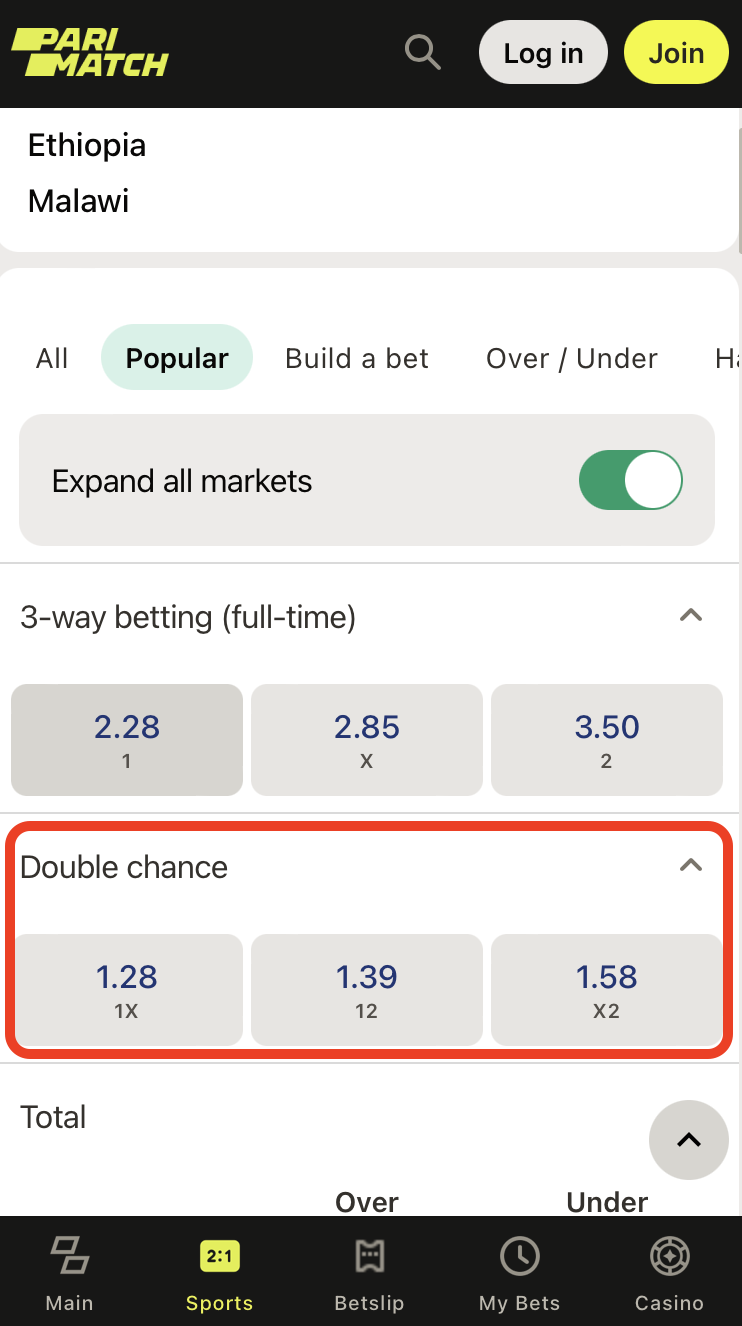 Double chance bets on Parimatch