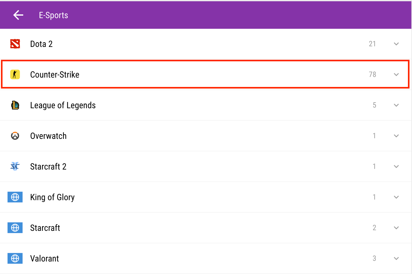 Parimatch esports games menu with Counter-Strike selected