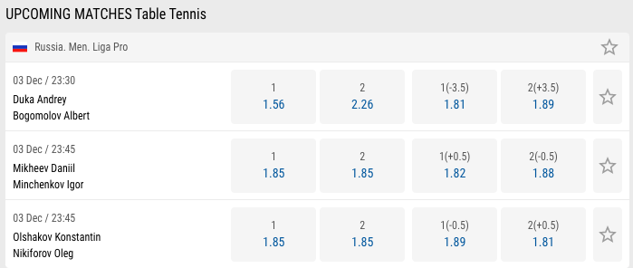 table tennis matches on Parimatch website