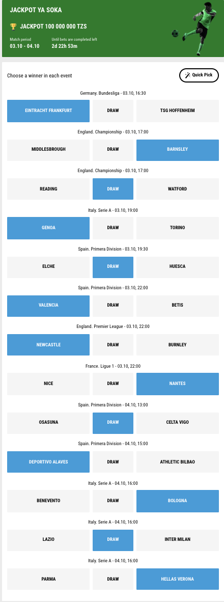 sports jackpot betting chart on Parimatch Tanzania website