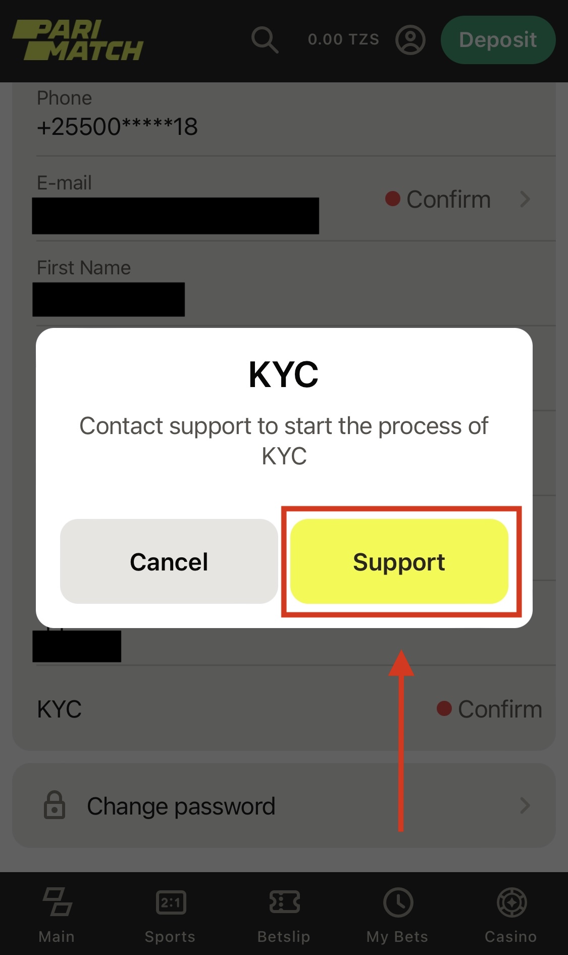 Parimatch KYC page