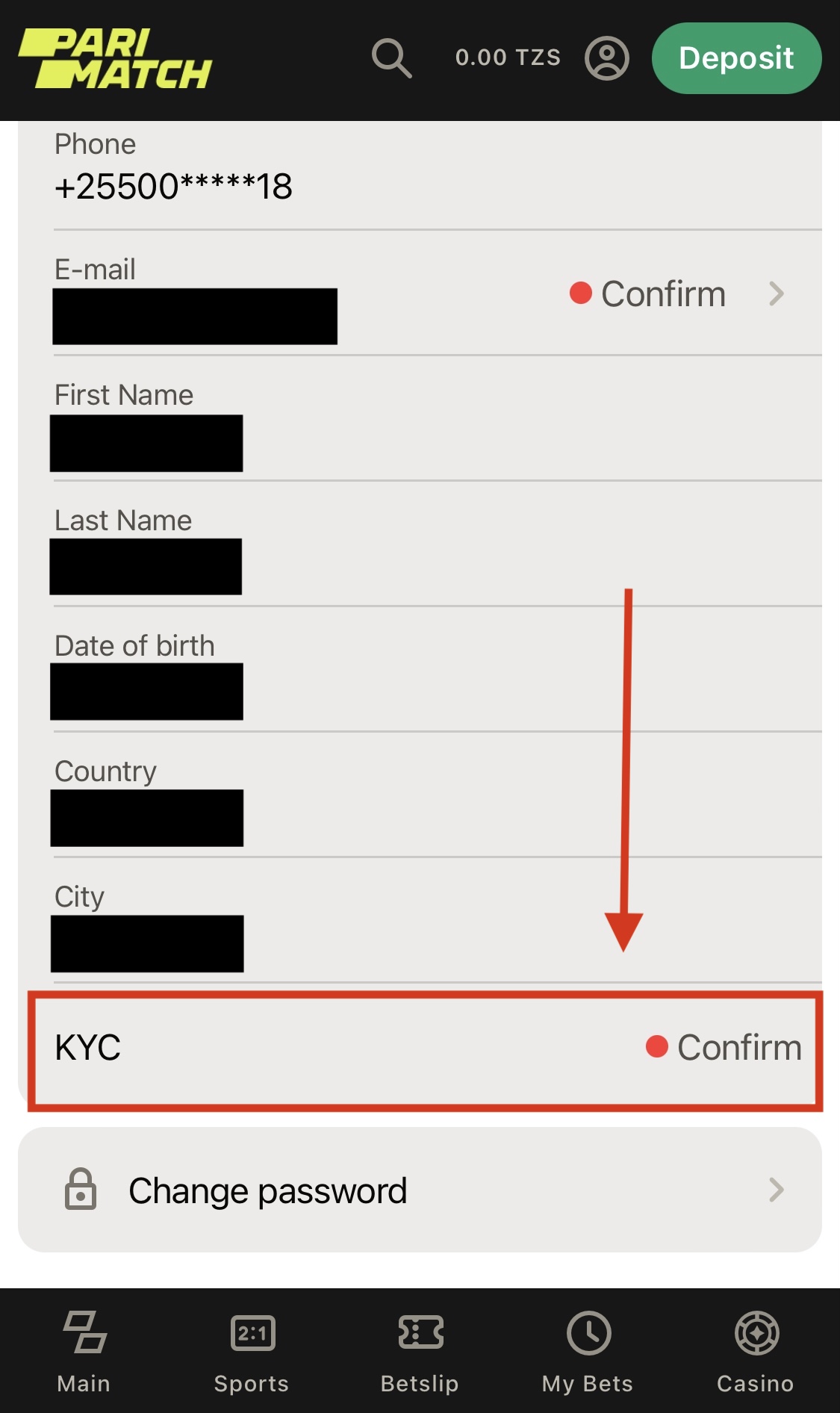 Parimatch personal data page