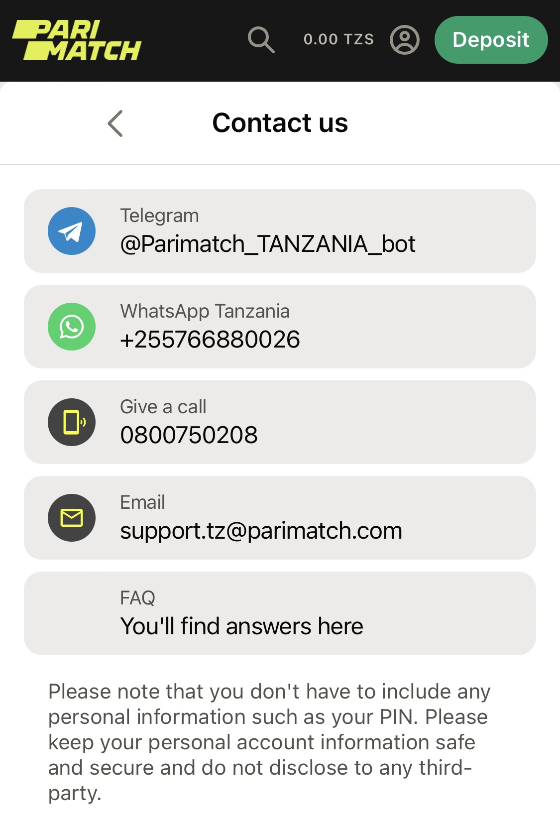 Parimatch support page