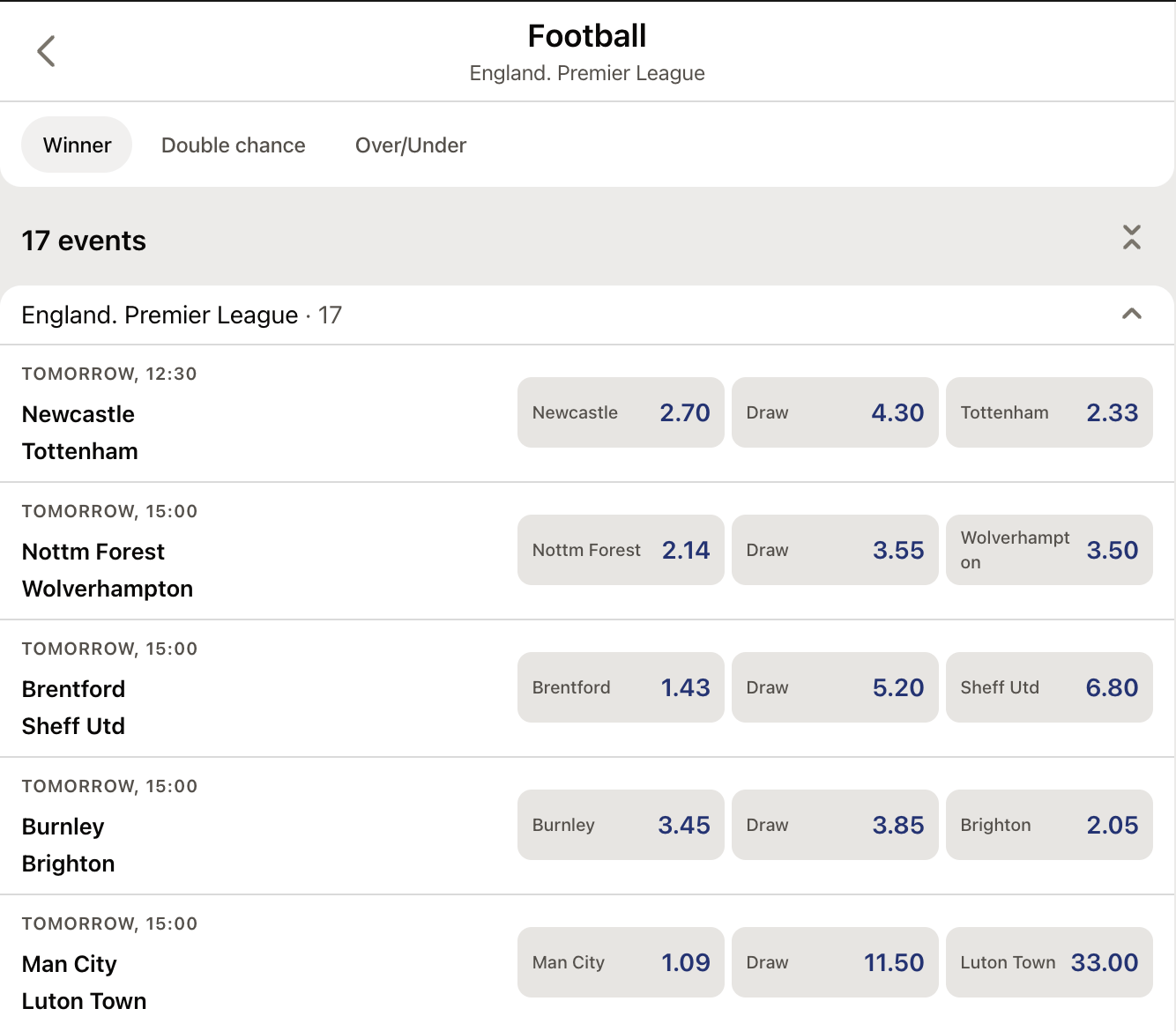 EPL betting on Parimatch
