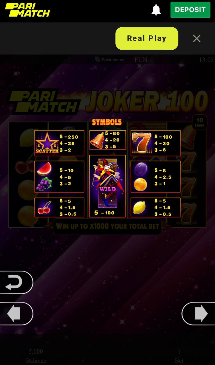 Parimatch Joker 100 paytable