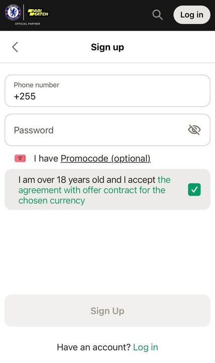 Parimatch sign up page