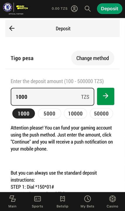 Tigo Pesa deposit on Parimatch